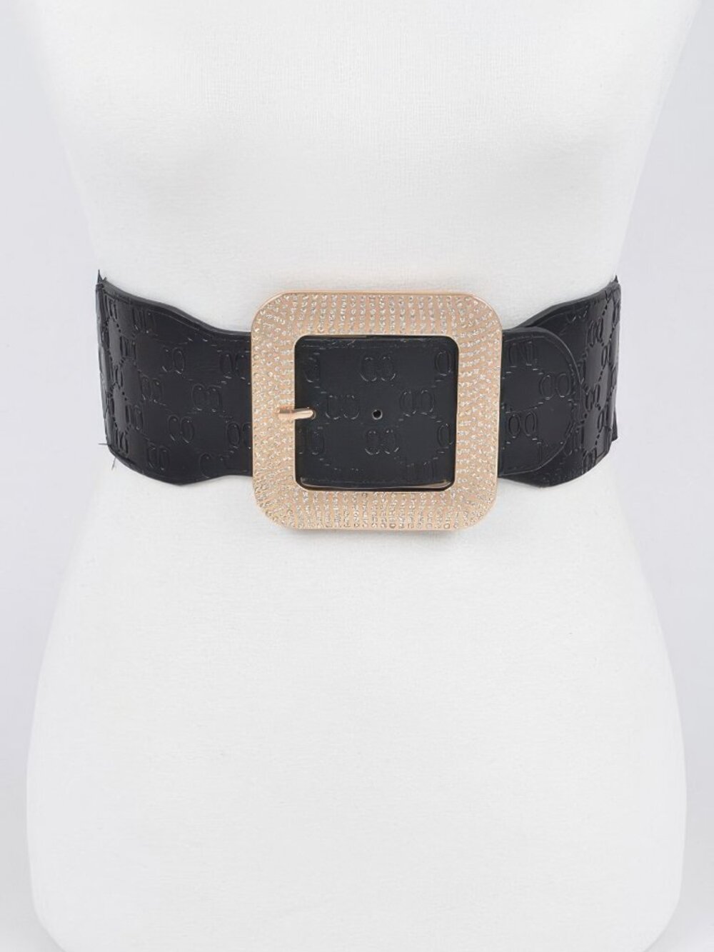 Big Rhinestone Buckle Embossed Elastic Belt